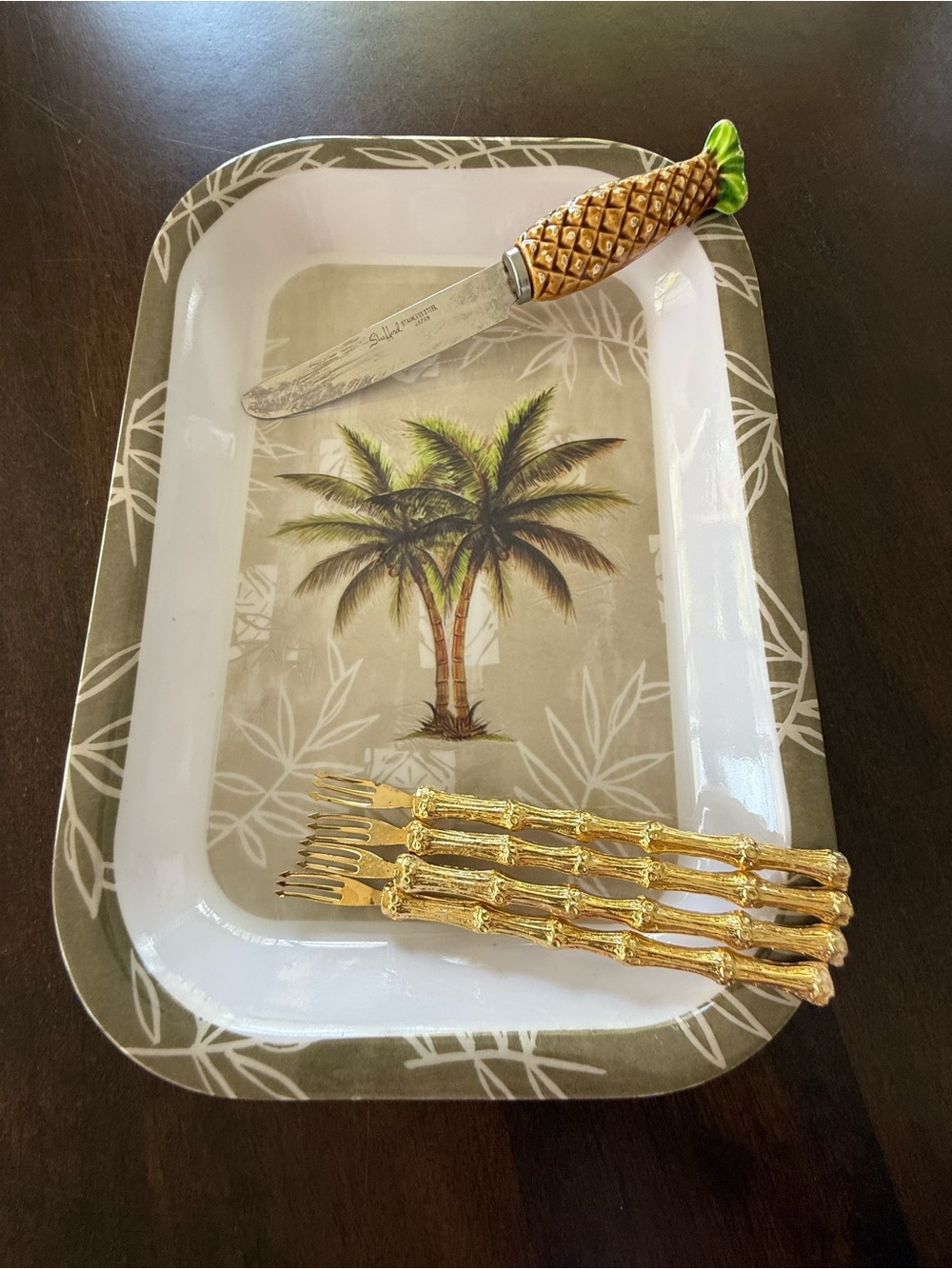 Coastal Kitchen Bundle Palm Tree Tray Pineapple Knife Bamboo Cocktail Forks